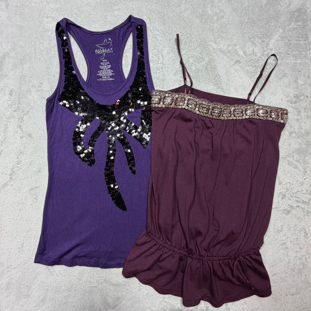 Vintage 2000s Purple Rayon Sequin Bow Tank & Beaded Cami Top Bundle Size M Y2K